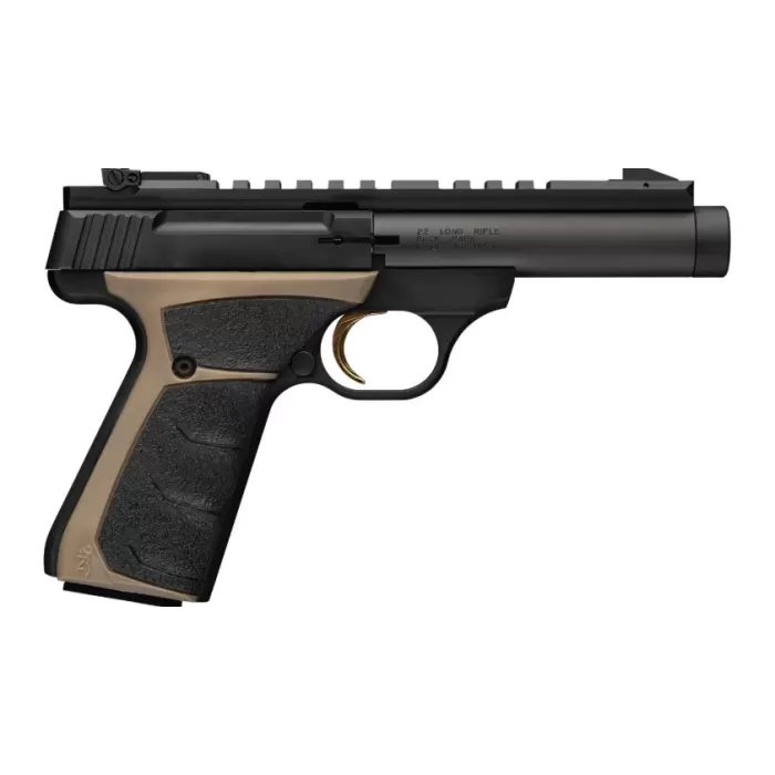 Browning 051614490 Buck Mark Field Target 22 LR 10+1 4.40" Matte Black Bull Threaded Barrel, Picatinny Rail Receiver, Matte Black FDE w/Black Overmold Grip