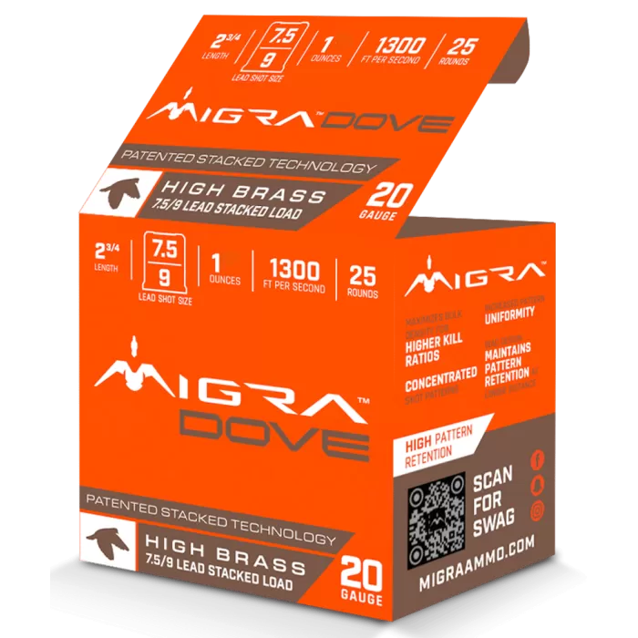 Migra Ammunitions M20LF7.59  Dove 20Gauge 2 3/4" 1oz 7.5/9Shot 25 Per Box/10 Case