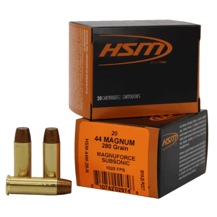 HSM Subsonic 44 Rem Mag 280 Grain Hard Cast Lead Brass Cased Pistol Ammo, 20 Rounds, A44M20N