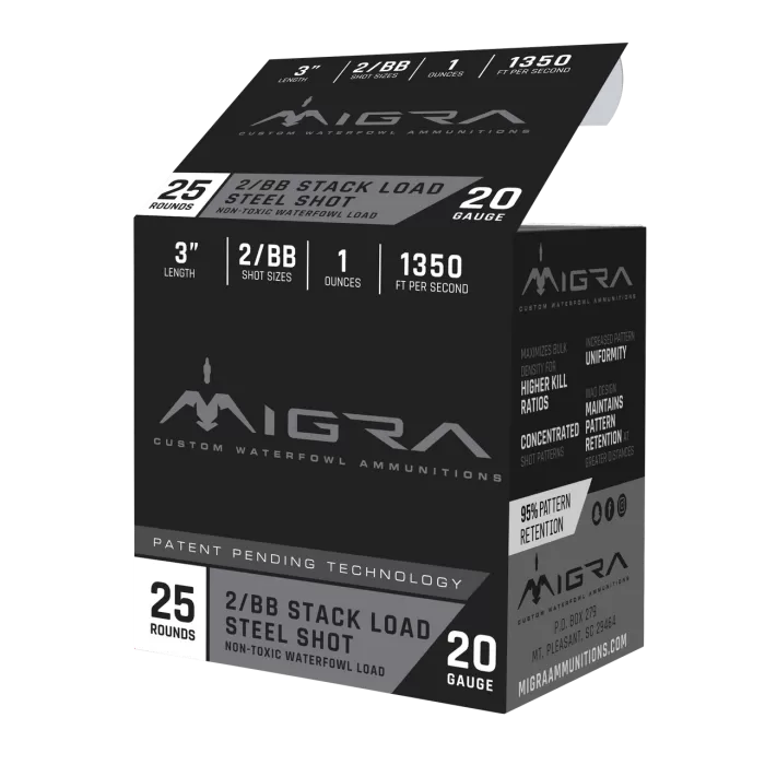 MIGRA AMMUNITION COMBINATIONAL 20GA 3-INCH 1OZ 2/BB SHOT 25 ROUNDS PER BOX MIGRA AMMUNITION COMBINATIONAL 20GA 3-INCH 1OZ 2/BB SHOT 25 ROUNDS PER BOX