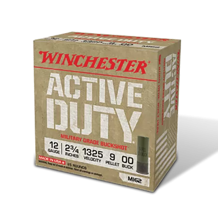 Winchester Active Duty 12 Gaude 00 Buck 2.75in Centerfire Shotgun Buckshot Ammunition, 25 Rounds, WIN1200MG