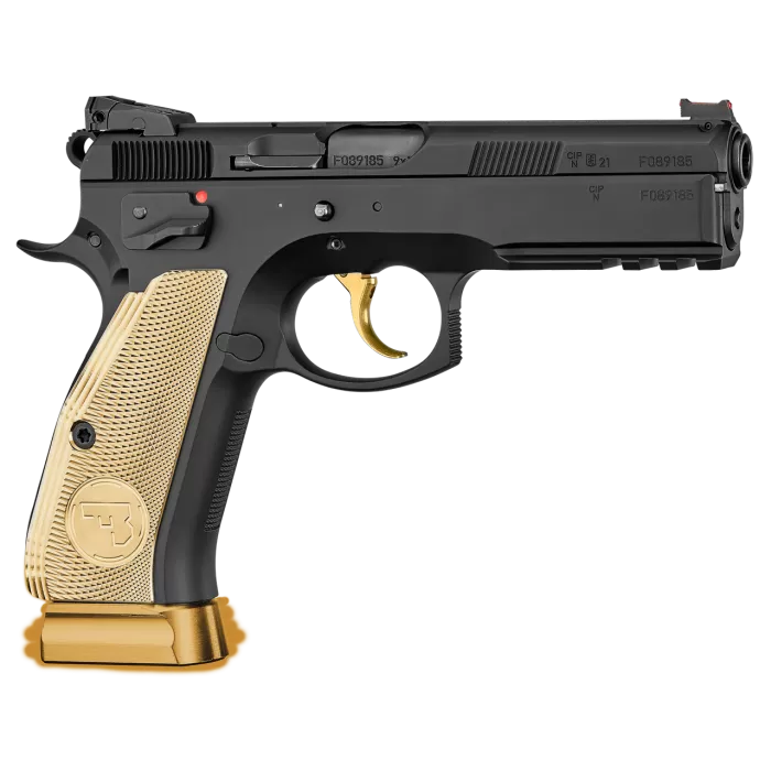 CZ 75 SP-01 Shadow 85th Anniversary 9mm, 4.7" Barrel, Caliber with 4.70" Barrel, Gold Accents, Black, 19rd CZ 75 SP-01 Shadow 85th Anniversary 9mm, 4.7" Barrel, Caliber with 4.70" Barrel, Gold Accents, Black, 19rd