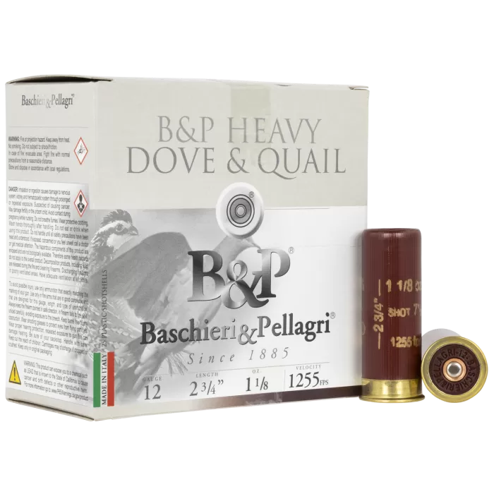 B&P Dove & Quail Shotshells- 12 ga 2-3/4 In 1-1/8 oz #7.5 1255 fps 25/ct B&P Dove & Quail Shotshells- 12 ga 2-3/4 In 1-1/8 oz #7.5 1255 fps 25/ct