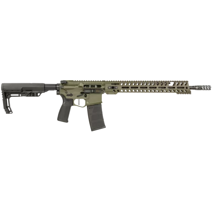 Patriot Ordnance Factory Renegade, 5.56 NATO, 16.50" Barrel, Olive Drab Green, 3-Port Muzzle Brake, 14.50",  Black MFT Minimalist Stoc, 30Rd