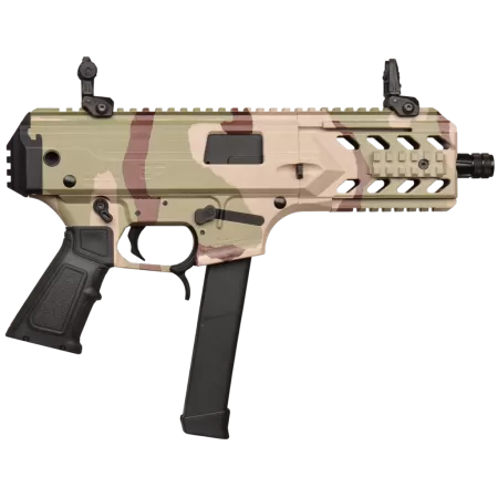 Gforce Blade6 9mm 6" Barrel, Camo Desert Storm Cerakote, Picatinny Rail Receiver, Rear Picatinny Rail Brace Mount, Slap Handle for Bolt Release, 33 Rd