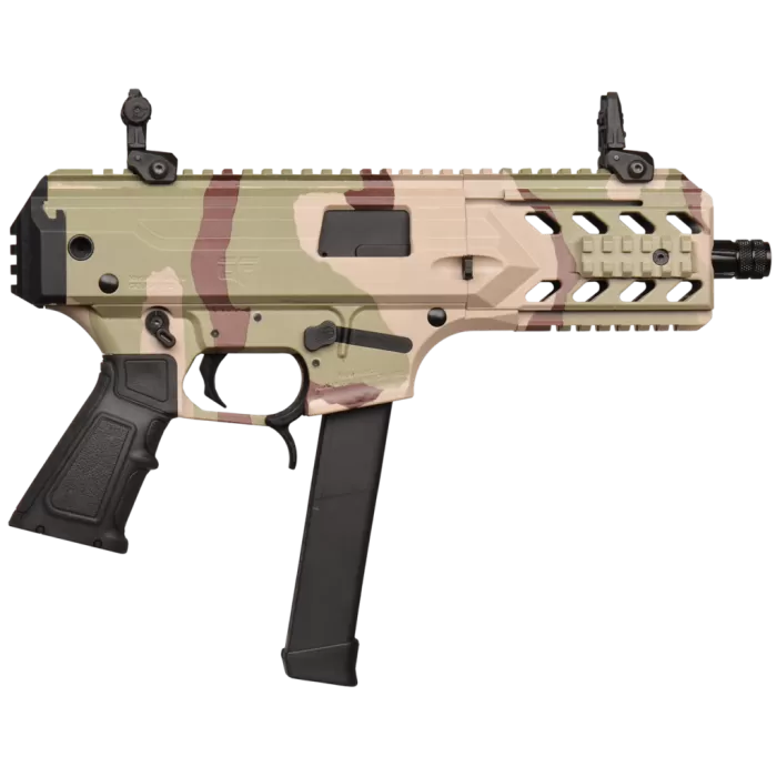 Gforce Blade6 9mm 6" Barrel, Camo Desert Storm Cerakote, Picatinny Rail Receiver, Rear Picatinny Rail Brace Mount, Slap Handle for Bolt Release, 33 Rd Gforce Blade6 9mm 6" Barrel, Camo Desert Storm Cerakote, Picatinny Rail Receiver, Rear Picatinny Rail Brace Mount, Slap Handle for Bolt Release, 33 Rd