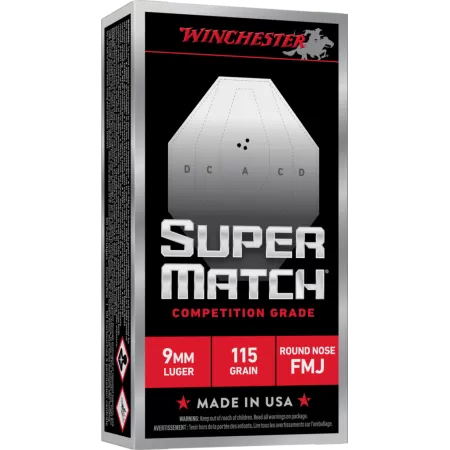 Winchester Super Match Handgun Ammunition 9mm Luger 115gr FMJ 1215fps 50/ct