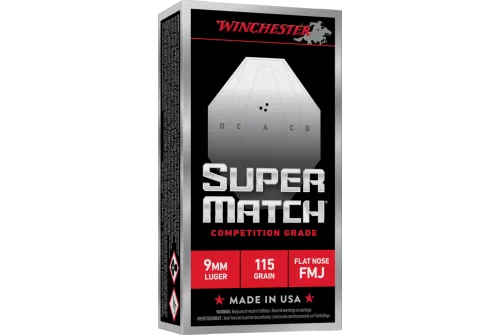 Winchester Super Match Flat Nose Handgun Ammunition 9mm Luger 115gr FMJ 1215fps 50/ct