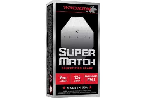 Winchester Super Match Handgun Ammunition 9mm Luger 124gr FMJ 1140fps 50/ct
