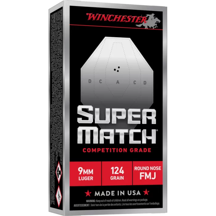 Winchester Super Match Handgun Ammunition 9mm Luger 124gr FMJ 1140fps 50/ct