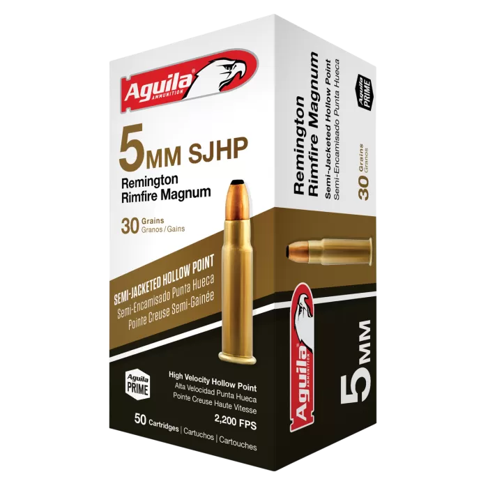Aguila 5mm Remington Rimfire Magnum 30gr SJHP Rimfire Ammo - 50 Rounds Aguila 5mm Remington Rimfire Magnum 30gr SJHP Rimfire Ammo - 50 Rounds