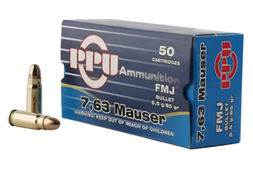 PPU Standard Rifle Brass 7.63x25mm Mauser 85-Grain 50-Rounds FMJ
