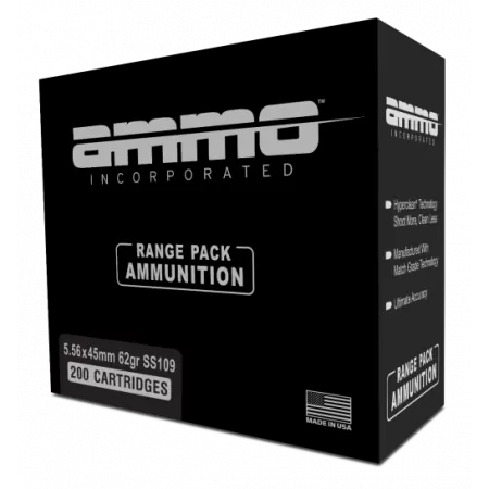Ammo, Inc. 5.56x45mm NATO, 62 Grain, SS109 Penetrator Steel Core FMJ, Brass Centerfire Rifle Ammo, 200 Rounds, 556062FMJ-A200