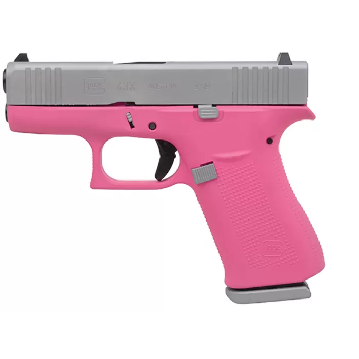 Glock 43X Subcompact 9mm, 3.41" Barrel, Silver/Prison Pink, Fixed Sights, 2x10rd Mags Glock 43X Subcompact 9mm, 3.41" Barrel, Silver/Prison Pink, Fixed Sights, 2x10rd Mags