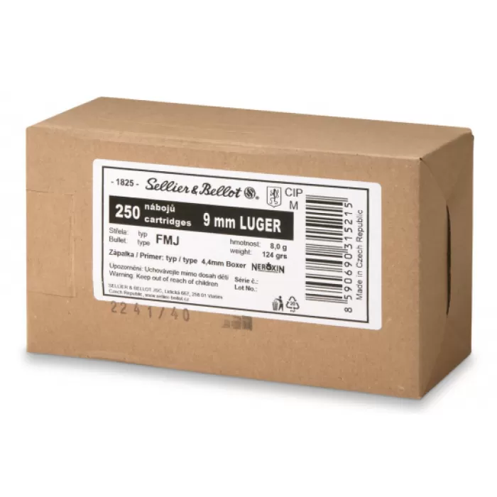 SELLIER & BELLOT 9mm Luger 124 Grain FMJ 250rd Box Handgun Ammo (SBV315204)