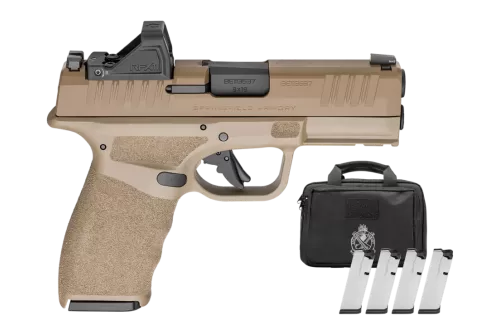 Springfield Hellcat Pro, Compact, 9mm, 3.7" Barrel, Cerakote Desert Flat Dark Earth, Tactical Rack Rear Sight, 18rd, 4 mags, Range Bag, Viridian RFX11 3 MOA Green Dot Sight