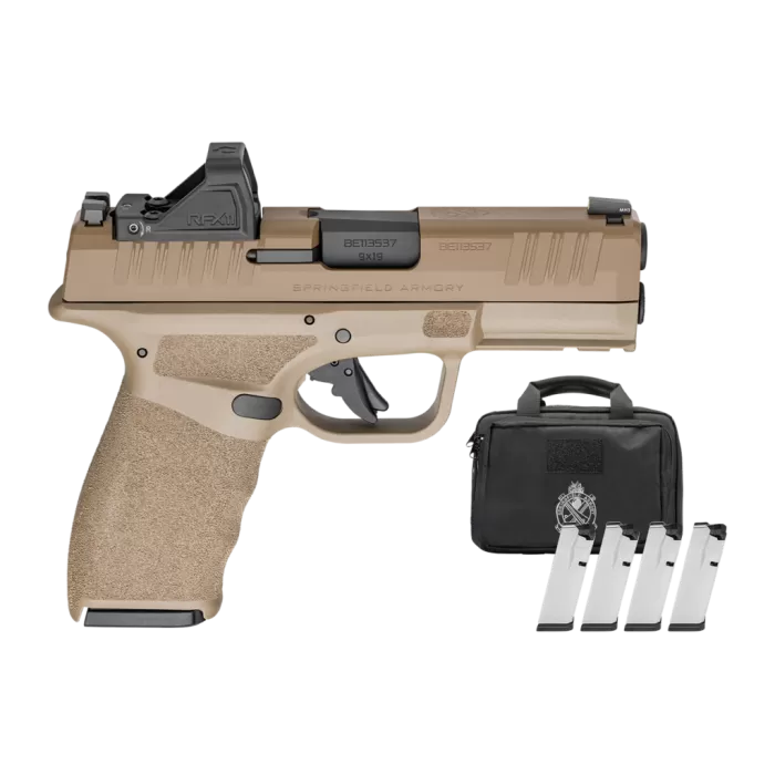 Springfield Hellcat Pro, Compact, 9mm, 3.7" Barrel, Cerakote Desert Flat Dark Earth, Tactical Rack Rear Sight, 18rd, 4 mags, Range Bag, Viridian RFX11 3 MOA Green Dot Sight