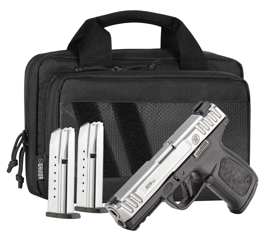 Smith & Wesson SD9 2.0 Bundle 9mm, 4" Barrel, Satin Stainless, Serrated, Black Frame, Rail, Textured Grip, Savior Bag, 3x16rd Mags