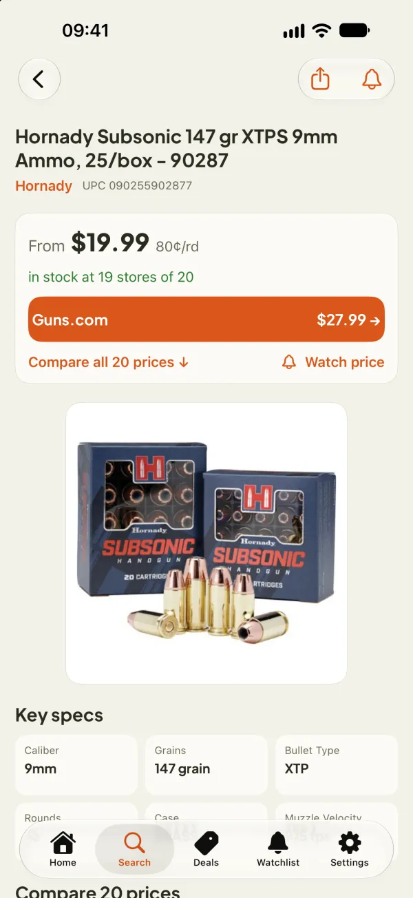 Ammo product page in the GunsNPrices app showing the lowest price and the price per round for 9mm ammo