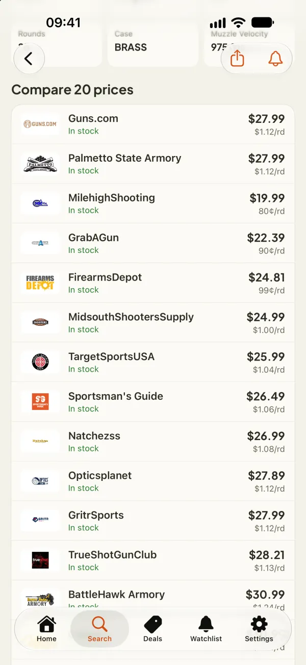 GunsNPrices app comparing one box of 9mm ammo across 20 stores, in-stock stores first, with the price per round