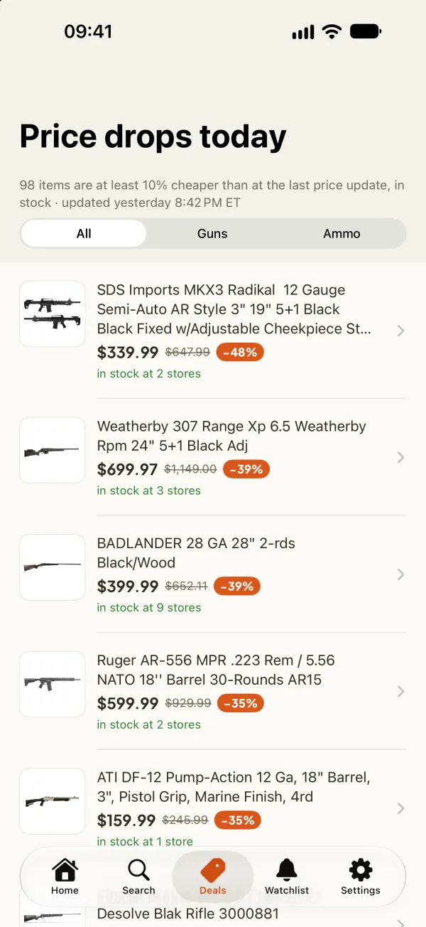 Price drops today screen in the GunsNPrices app listing in-stock guns at least 10% cheaper than at the last price update