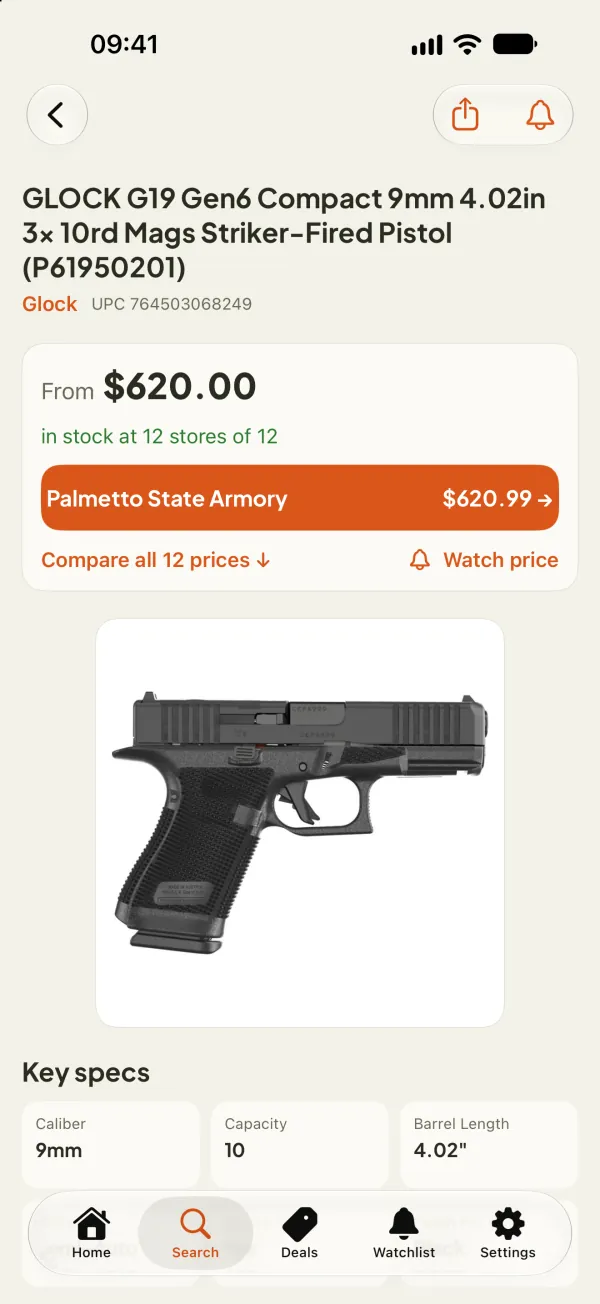 GunsNPrices app showing a Glock 19 page with the lowest in-stock price across 12 stores and a Compare all prices button