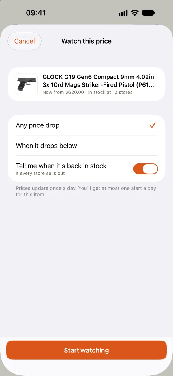 Watch price screen in the GunsNPrices app: alert on any price drop, below a target price, or when the item is back in stock