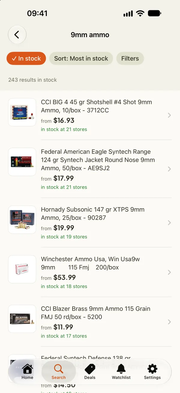 GunsNPrices app search results for 9mm ammo with the In stock filter and sorting by most stores in stock